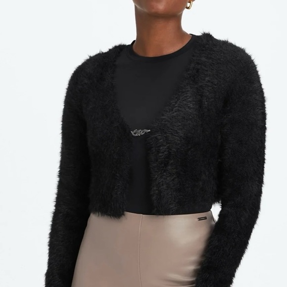 Fabletics fuzzy Crop Cardigan Sweater Black Womens XS Textured Soft 90s NEW - Picture 14 of 14